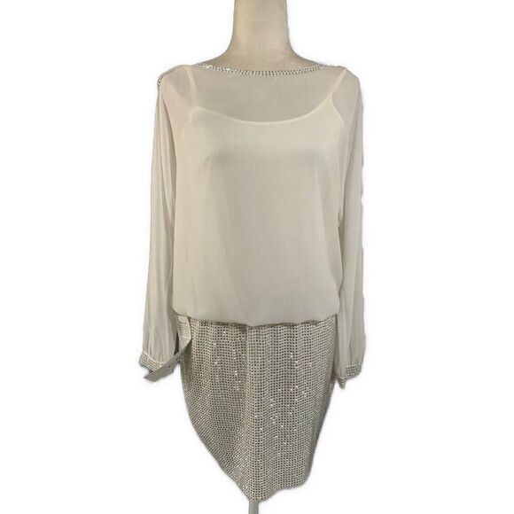 Cache New Vintage White Long Sleeve Silver Rhinestone Knee Length Dress 6 Small - Picture 1 of 5